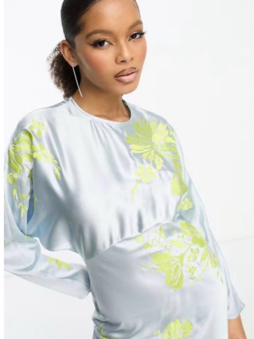 Satin Floral Maternity Dress in Light Blue and Yellow-Green